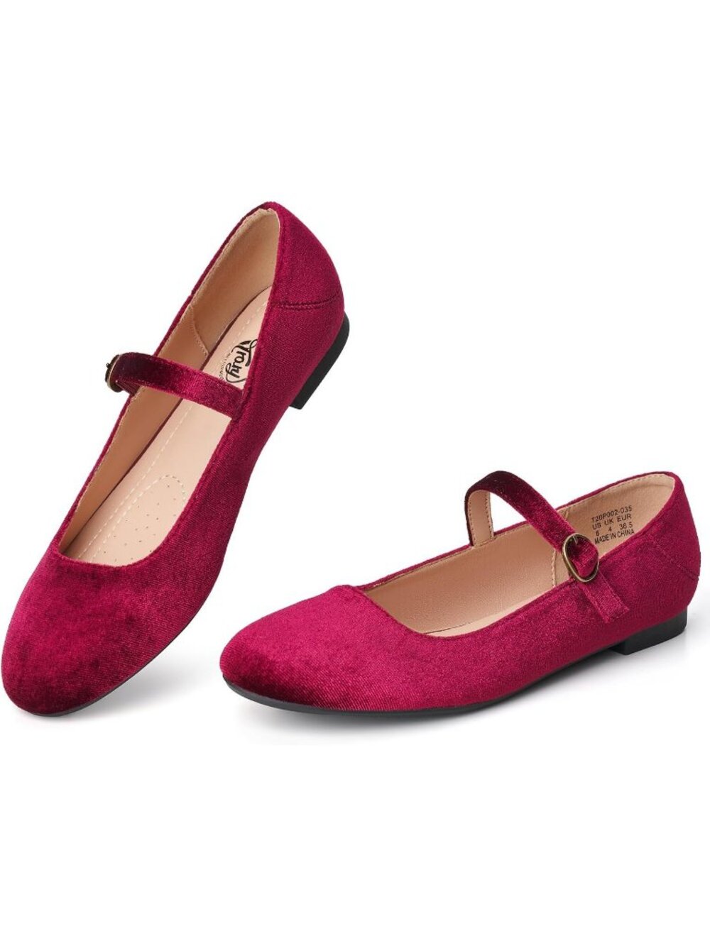Women's Burgundy Velvet Ballet Flats Round Toe Comfort Straps Memory Foam Shoes